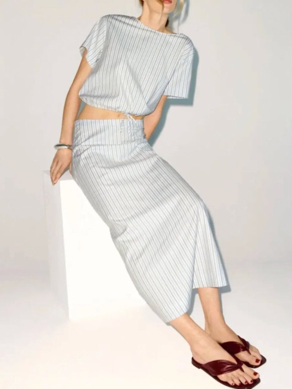 Reformation Jordan Two Piece - Calamari Stripe Blue Ivory French US6